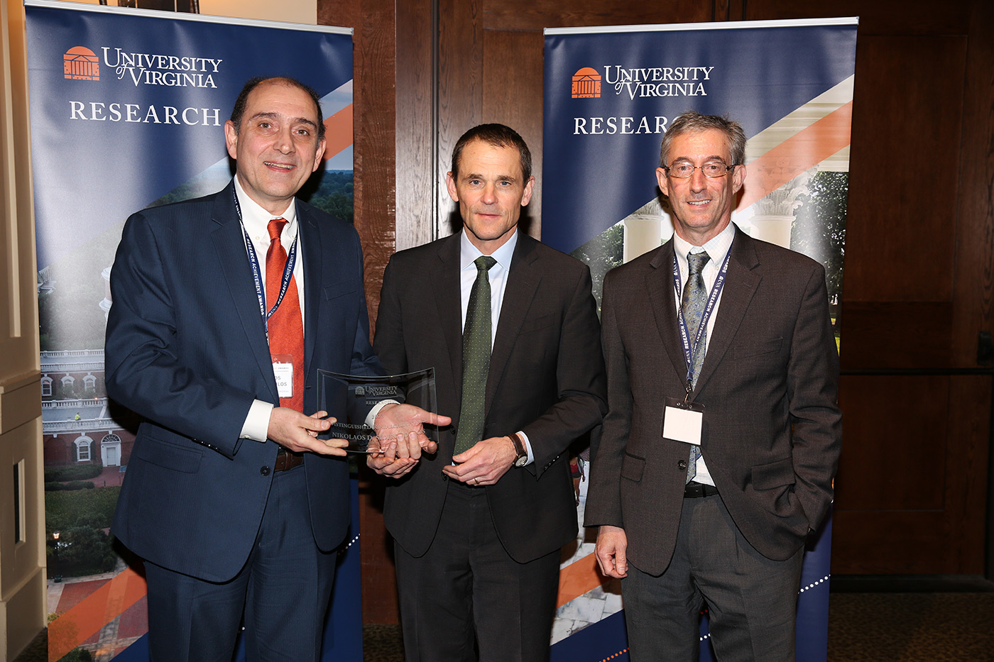 From left to From left to right: Professor Nikos Sidiropoulos, President Jim Ryan and Interim Vice President for Research Fred Epstein. 