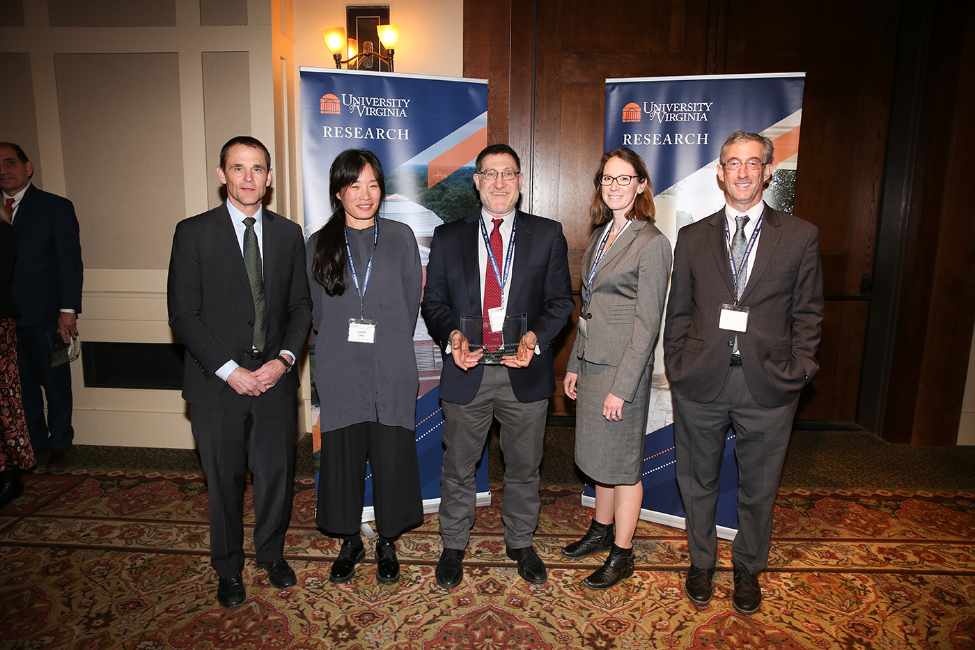 From left to right: President Jim Ryan, associate professor Leena Cho, professor Howard Epstein, associate professor Caitlin Wylie and Interim Vice President for Research Fred Epstein. Photo by Amanda Maglione. 