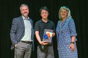 Yushun Dong with Associate Dean Matt Panzer and Dean Jennifer West