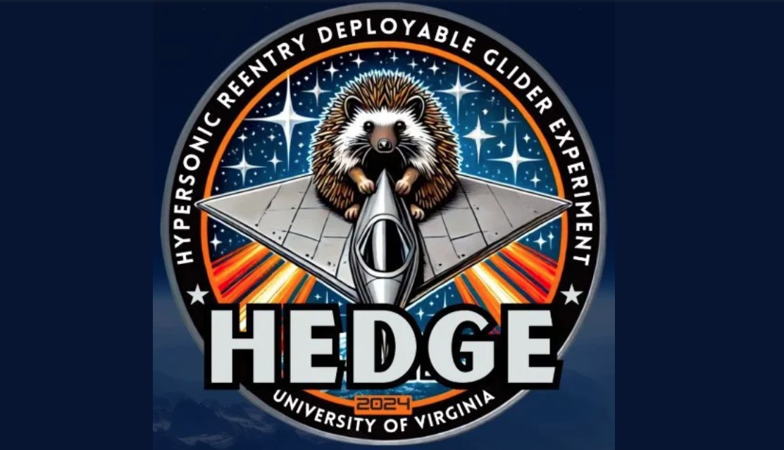 The capstone team’s HEDGE mission patch, featuring a hedgehog riding atop the spacecraft, conveys the small-scale nature of the project despite its large-scale goals. (HEDGE/UVA Engineering image)