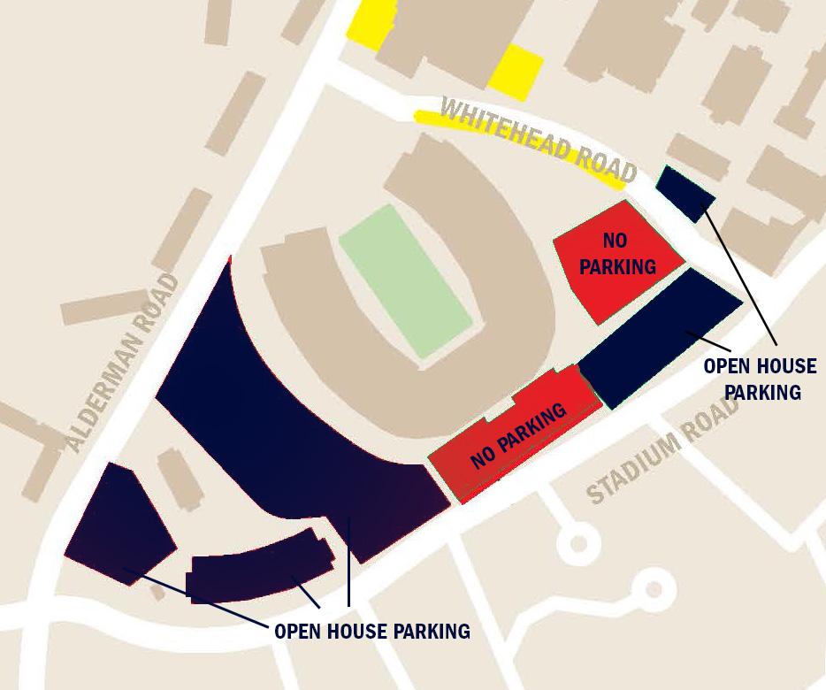 Map showing available parking in the Scott Stadium area for Open House attendees