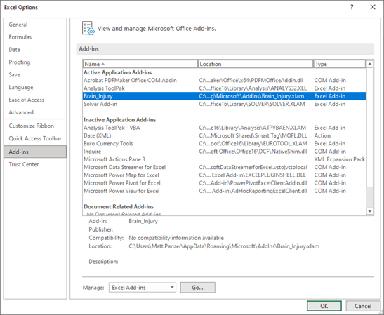 Excel options dialog