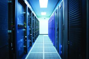 View down a row of servers that are part of the Cray Supercomputing Cluster