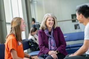 Dean Jennifer West with students at Greenberry's Cafe