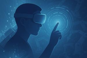 graphic of person wearing vr headset pointing finger
