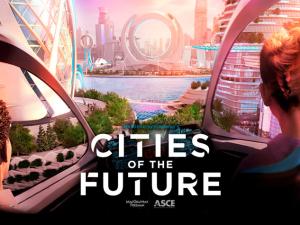 movie poster of two people looking at futuristic city