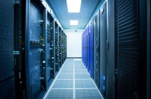 Computer server room, aisle between racks of computers