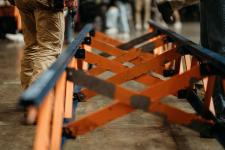 A closeup of how the two sides of the orange and blue bridge are connected